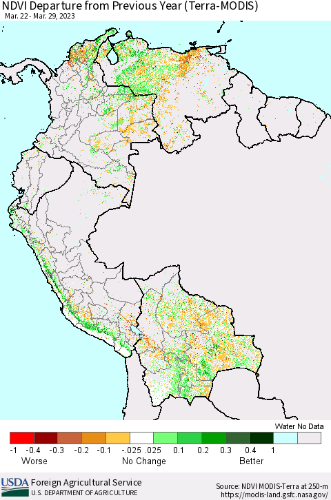 Northern South America NDVI Departure from Previous Year (Terra-MODIS) Thematic Map For 3/21/2023 - 3/31/2023