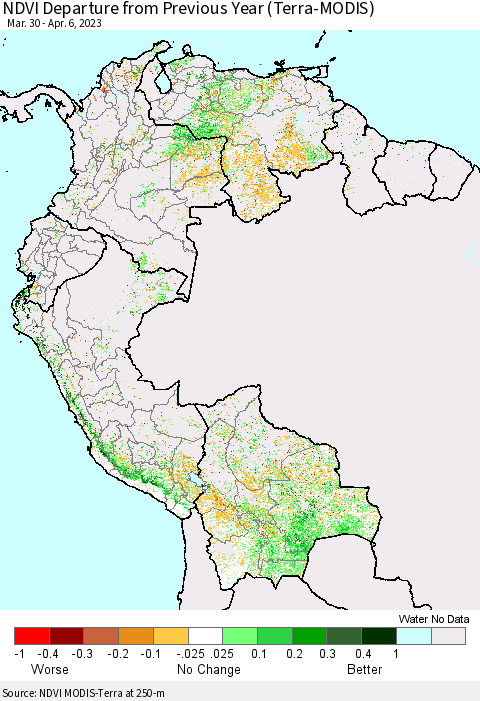 Northern South America NDVI Departure from Previous Year (Terra-MODIS) Thematic Map For 3/30/2023 - 4/6/2023