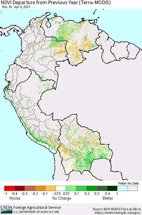Northern South America NDVI Departure from Previous Year (Terra-MODIS) Thematic Map For 4/1/2023 - 4/10/2023