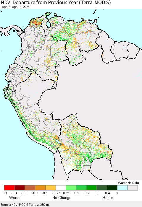 Northern South America NDVI Departure from Previous Year (Terra-MODIS) Thematic Map For 4/7/2023 - 4/14/2023