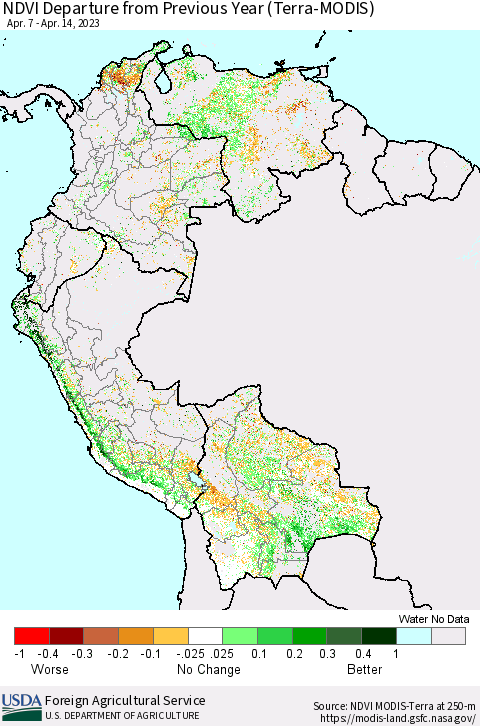 Northern South America NDVI Departure from Previous Year (Terra-MODIS) Thematic Map For 4/11/2023 - 4/20/2023