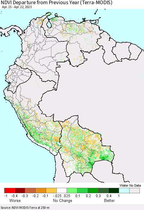 Northern South America NDVI Departure from Previous Year (Terra-MODIS) Thematic Map For 4/15/2023 - 4/22/2023