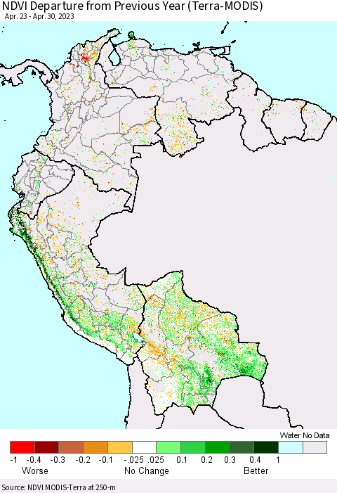 Northern South America NDVI Departure from Previous Year (Terra-MODIS) Thematic Map For 4/21/2023 - 4/30/2023