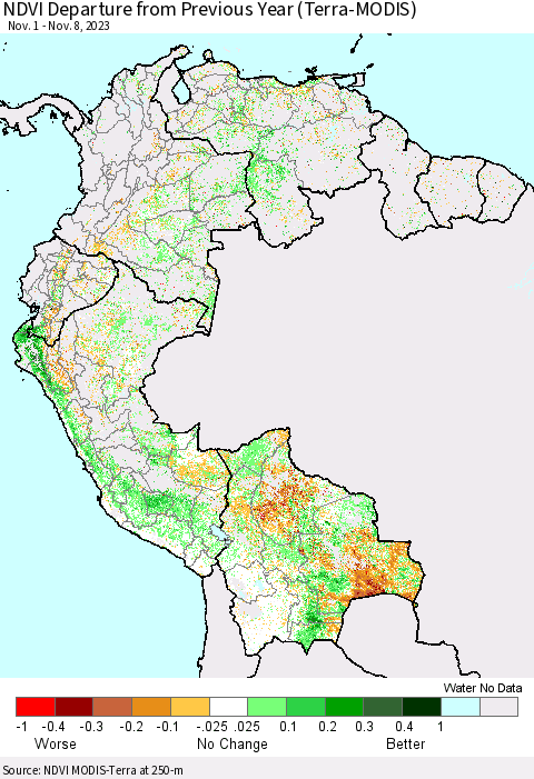 Northern South America NDVI Departure from Previous Year (Terra-MODIS) Thematic Map For 11/1/2023 - 11/8/2023