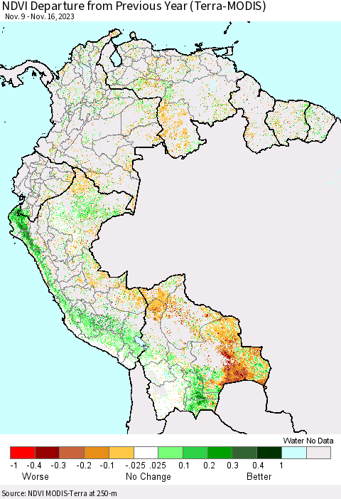Northern South America NDVI Departure from Previous Year (Terra-MODIS) Thematic Map For 11/9/2023 - 11/16/2023