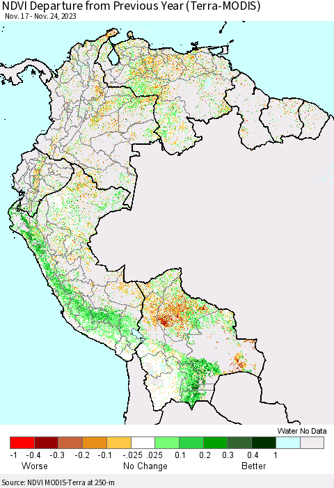 Northern South America NDVI Departure from Previous Year (Terra-MODIS) Thematic Map For 11/17/2023 - 11/24/2023