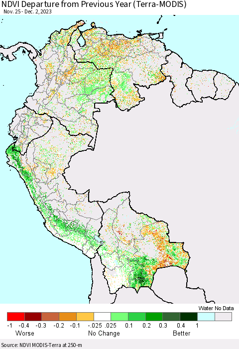 Northern South America NDVI Departure from Previous Year (Terra-MODIS) Thematic Map For 11/25/2023 - 12/2/2023