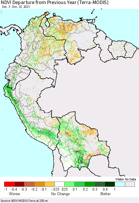 Northern South America NDVI Departure from Previous Year (Terra-MODIS) Thematic Map For 12/3/2023 - 12/10/2023