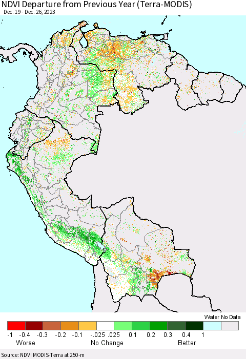 Northern South America NDVI Departure from Previous Year (Terra-MODIS) Thematic Map For 12/19/2023 - 12/26/2023