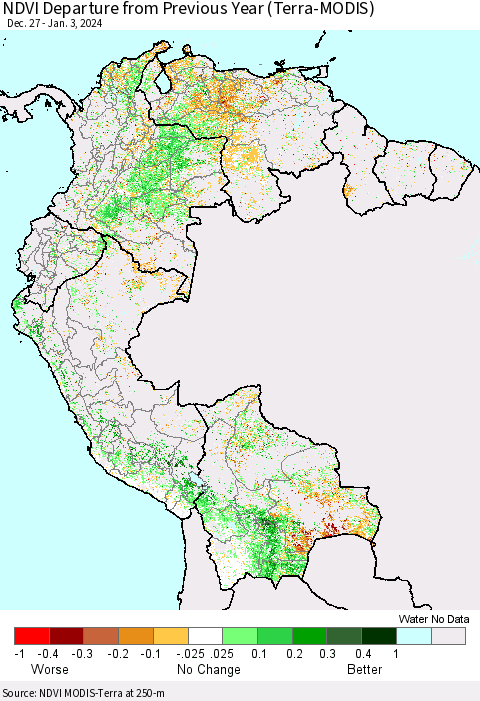 Northern South America NDVI Departure from Previous Year (Terra-MODIS) Thematic Map For 12/27/2023 - 1/3/2024