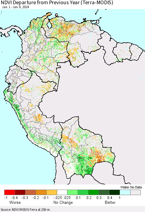 Northern South America NDVI Departure from Previous Year (Terra-MODIS) Thematic Map For 1/1/2024 - 1/8/2024