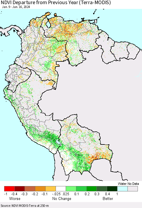 Northern South America NDVI Departure from Previous Year (Terra-MODIS) Thematic Map For 1/9/2024 - 1/16/2024