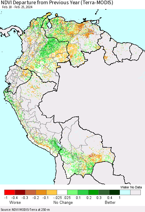 Northern South America NDVI Departure from Previous Year (Terra-MODIS) Thematic Map For 2/18/2024 - 2/25/2024