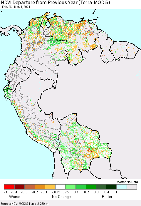 Northern South America NDVI Departure from Previous Year (Terra-MODIS) Thematic Map For 2/26/2024 - 3/4/2024