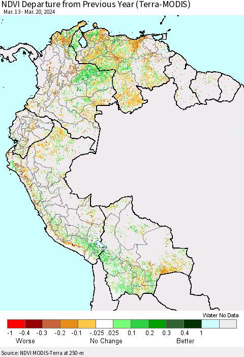 Northern South America NDVI Departure from Previous Year (Terra-MODIS) Thematic Map For 3/13/2024 - 3/20/2024
