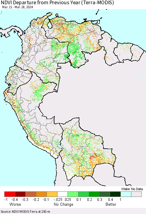 Northern South America NDVI Departure from Previous Year (Terra-MODIS) Thematic Map For 3/21/2024 - 3/28/2024