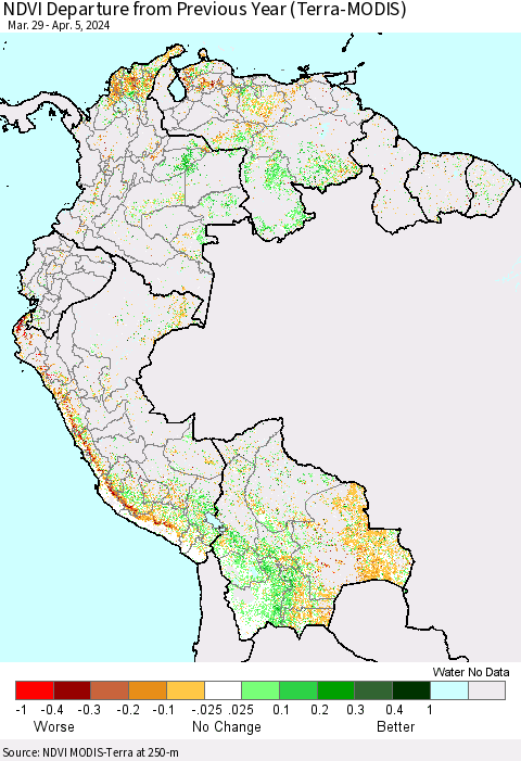 Northern South America NDVI Departure from Previous Year (Terra-MODIS) Thematic Map For 3/29/2024 - 4/5/2024