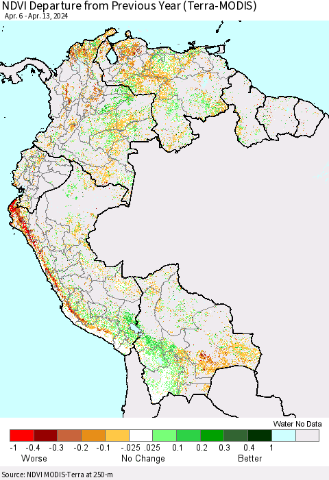 Northern South America NDVI Departure from Previous Year (Terra-MODIS) Thematic Map For 4/6/2024 - 4/13/2024
