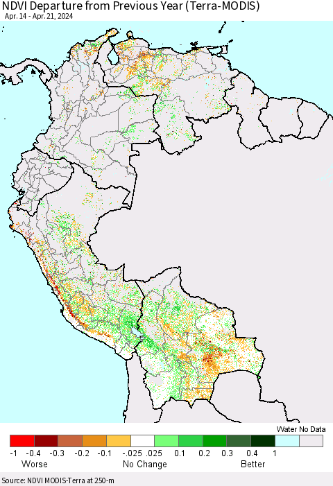 Northern South America NDVI Departure from Previous Year (Terra-MODIS) Thematic Map For 4/14/2024 - 4/21/2024