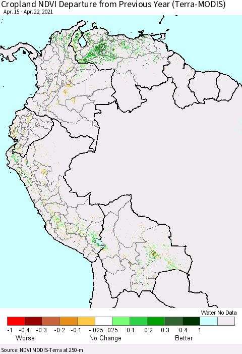 Northern South America Cropland NDVI Departure from Previous Year (Terra-MODIS) Thematic Map For 4/15/2021 - 4/22/2021