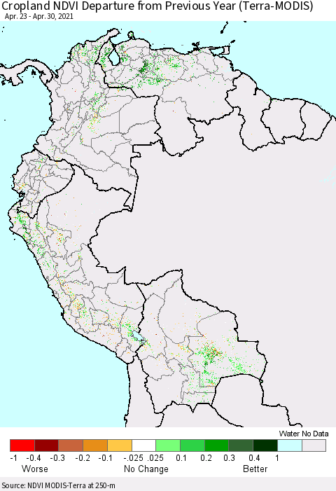 Northern South America Cropland NDVI Departure from Previous Year (Terra-MODIS) Thematic Map For 4/21/2021 - 4/30/2021