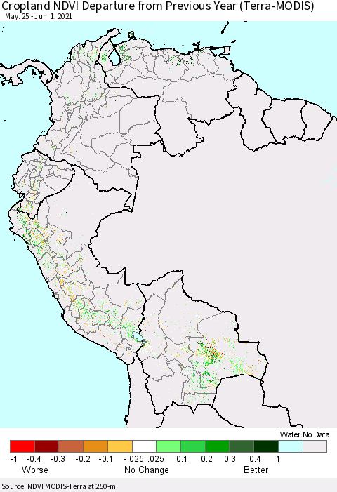 Northern South America Cropland NDVI Departure from Previous Year (Terra-MODIS) Thematic Map For 5/25/2021 - 6/1/2021