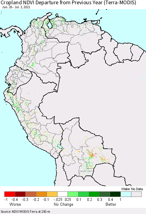 Northern South America Cropland NDVI Departure from Previous Year (Terra-MODIS) Thematic Map For 6/26/2021 - 7/3/2021