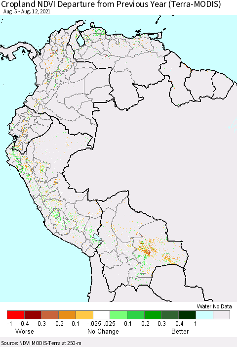 Northern South America Cropland NDVI Departure from Previous Year (Terra-MODIS) Thematic Map For 8/5/2021 - 8/12/2021