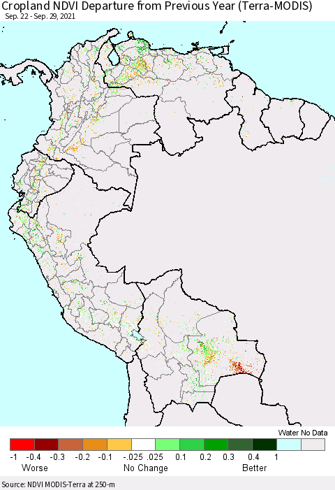 Northern South America Cropland NDVI Departure from Previous Year (Terra-MODIS) Thematic Map For 9/22/2021 - 9/29/2021