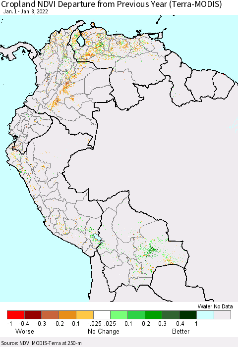 Northern South America Cropland NDVI Departure from Previous Year (Terra-MODIS) Thematic Map For 1/1/2022 - 1/8/2022