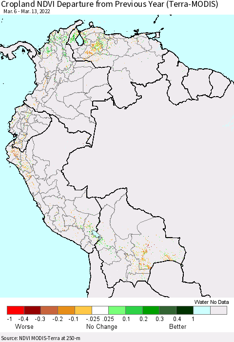 Northern South America Cropland NDVI Departure from Previous Year (Terra-MODIS) Thematic Map For 3/6/2022 - 3/13/2022