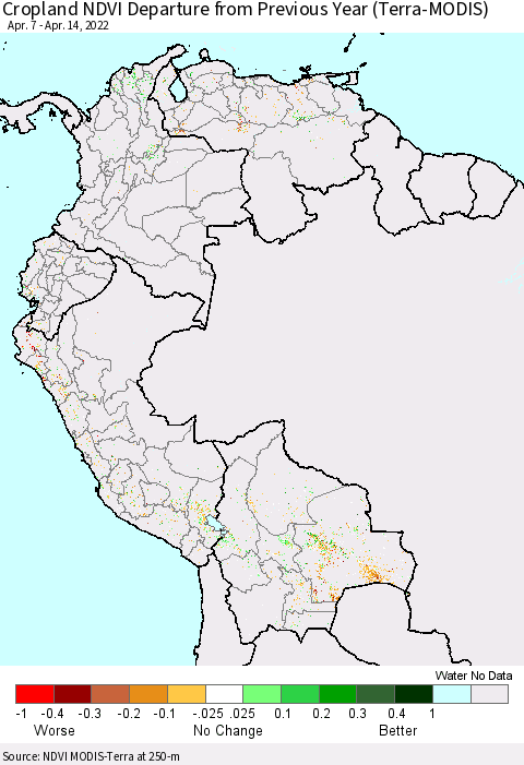Northern South America Cropland NDVI Departure from Previous Year (Terra-MODIS) Thematic Map For 4/7/2022 - 4/14/2022