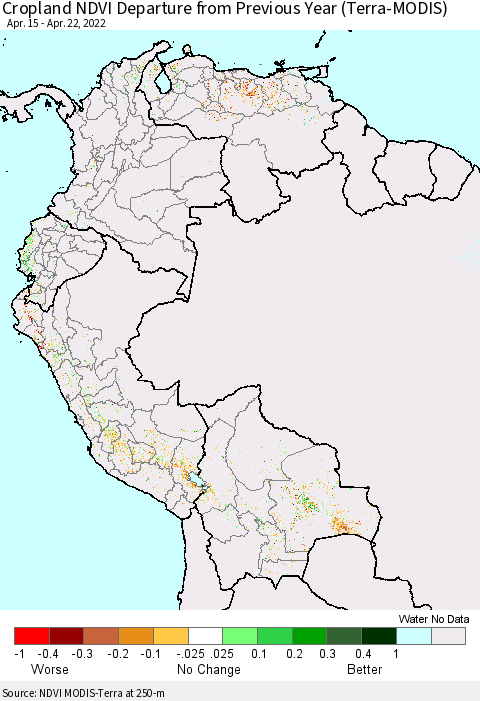 Northern South America Cropland NDVI Departure from Previous Year (Terra-MODIS) Thematic Map For 4/15/2022 - 4/22/2022