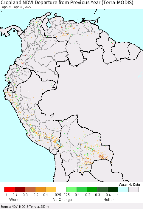 Northern South America Cropland NDVI Departure from Previous Year (Terra-MODIS) Thematic Map For 4/21/2022 - 4/30/2022