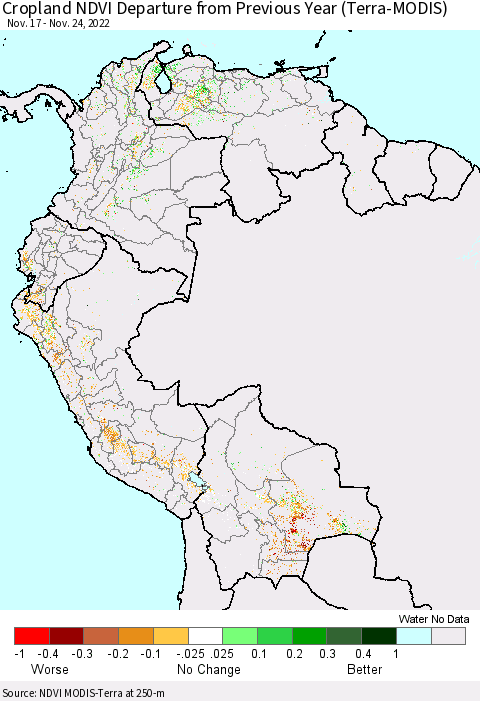 Northern South America Cropland NDVI Departure from Previous Year (Terra-MODIS) Thematic Map For 11/17/2022 - 11/24/2022
