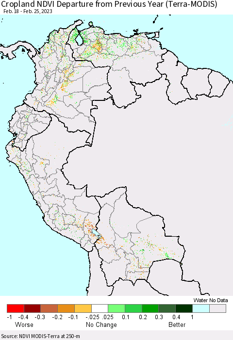 Northern South America Cropland NDVI Departure from Previous Year (Terra-MODIS) Thematic Map For 2/18/2023 - 2/25/2023