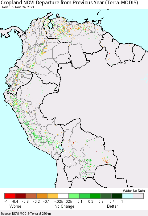 Northern South America Cropland NDVI Departure from Previous Year (Terra-MODIS) Thematic Map For 11/17/2023 - 11/24/2023