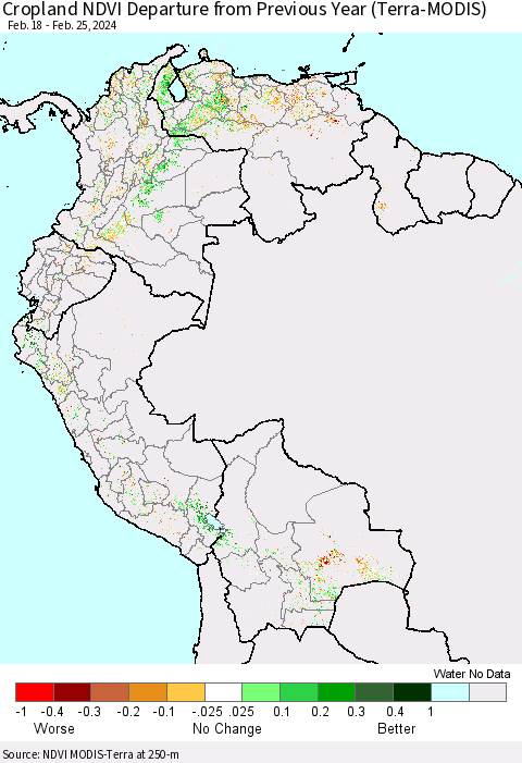 Northern South America Cropland NDVI Departure from Previous Year (Terra-MODIS) Thematic Map For 2/18/2024 - 2/25/2024
