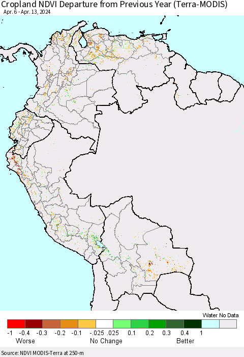 Northern South America Cropland NDVI Departure from Previous Year (Terra-MODIS) Thematic Map For 4/6/2024 - 4/13/2024