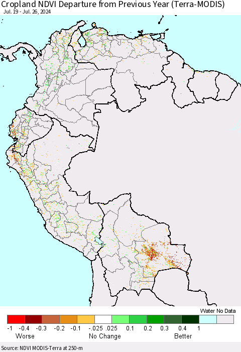 Northern South America Cropland NDVI Departure from Previous Year (Terra-MODIS) Thematic Map For 7/19/2024 - 7/26/2024