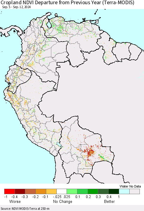 Northern South America Cropland NDVI Departure from Previous Year (Terra-MODIS) Thematic Map For 9/5/2024 - 9/12/2024