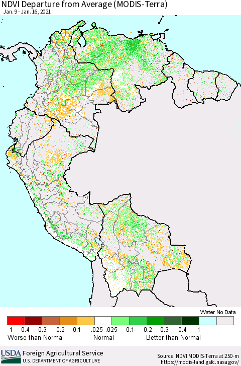 Northern South America NDVI Departure from Average (MODIS-Terra) Thematic Map For 1/11/2021 - 1/20/2021