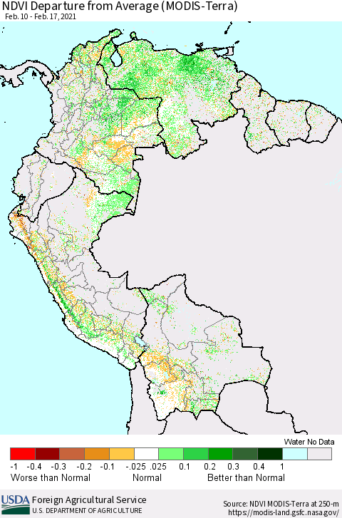 Northern South America NDVI Departure from Average (Terra-MODIS) Thematic Map For 2/11/2021 - 2/20/2021
