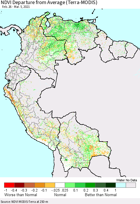 Northern South America NDVI Departure from Average (Terra-MODIS) Thematic Map For 2/26/2021 - 3/5/2021