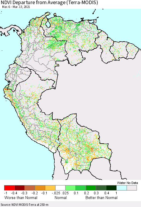 Northern South America NDVI Departure from Average (Terra-MODIS) Thematic Map For 3/6/2021 - 3/13/2021