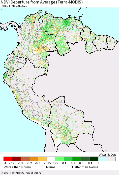 Northern South America NDVI Departure from Average (Terra-MODIS) Thematic Map For 3/14/2021 - 3/21/2021