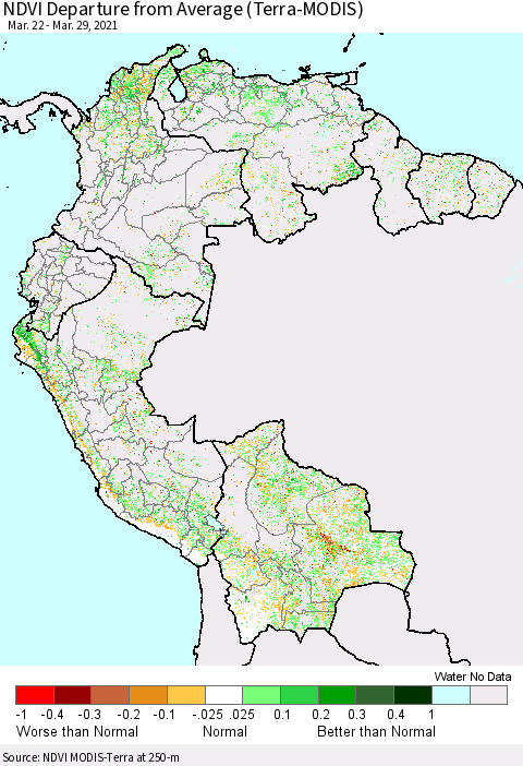 Northern South America NDVI Departure from Average (Terra-MODIS) Thematic Map For 3/22/2021 - 3/29/2021