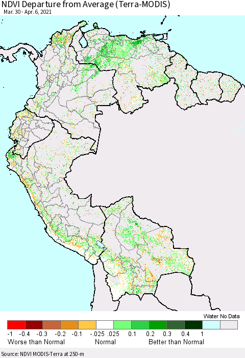 Northern South America NDVI Departure from Average (Terra-MODIS) Thematic Map For 3/30/2021 - 4/6/2021