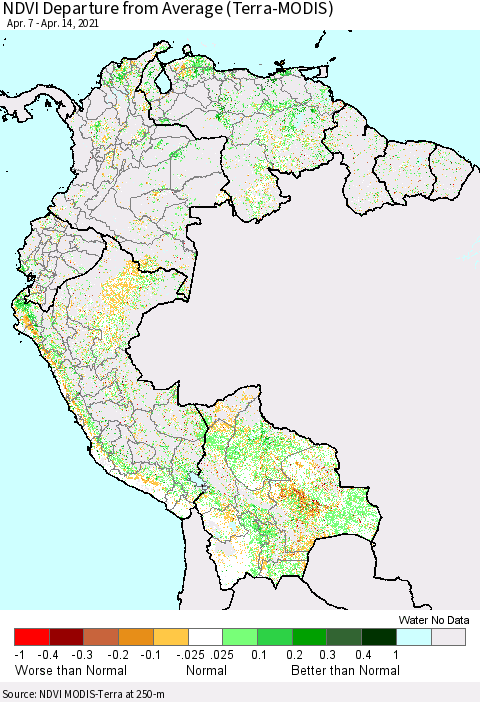 Northern South America NDVI Departure from Average (Terra-MODIS) Thematic Map For 4/7/2021 - 4/14/2021