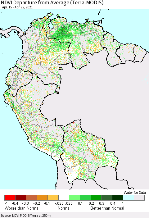 Northern South America NDVI Departure from Average (Terra-MODIS) Thematic Map For 4/15/2021 - 4/22/2021